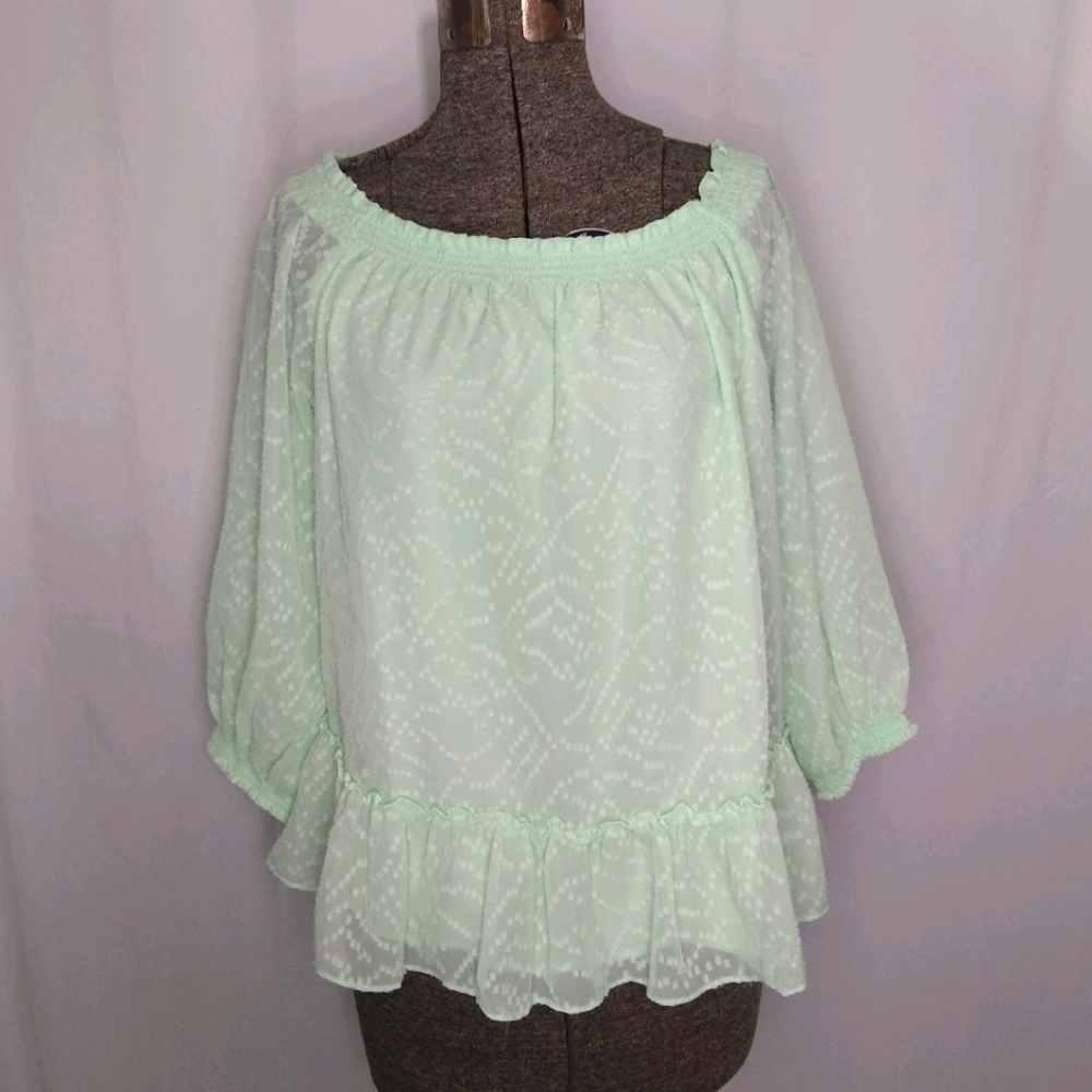Banana Republic mint green Swiss dot chiffon peasant top